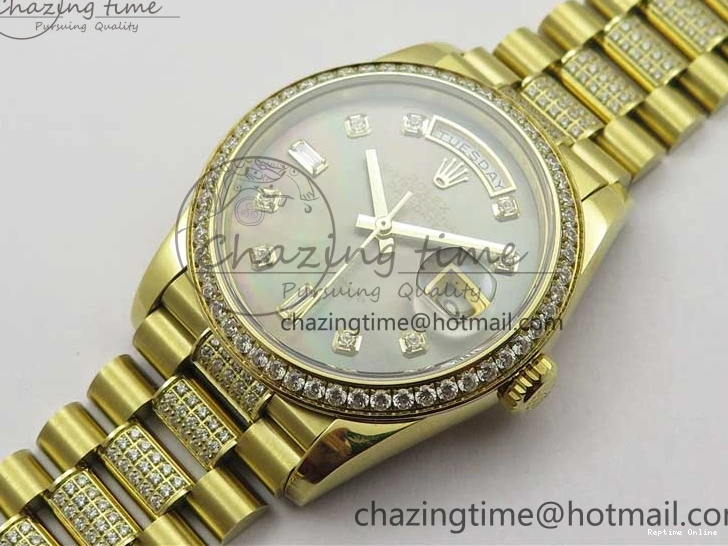 0503 Day-Date 36mm 128235 YG Crystal BP Best Edition Gray MOP Crystal Marker Dial on YG President Bracelet A MultiPurpose 2675